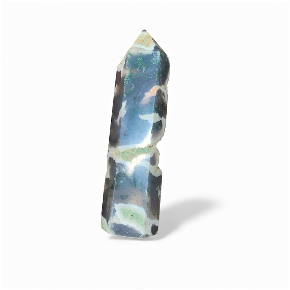 Moss Agate Crystal Point Tower